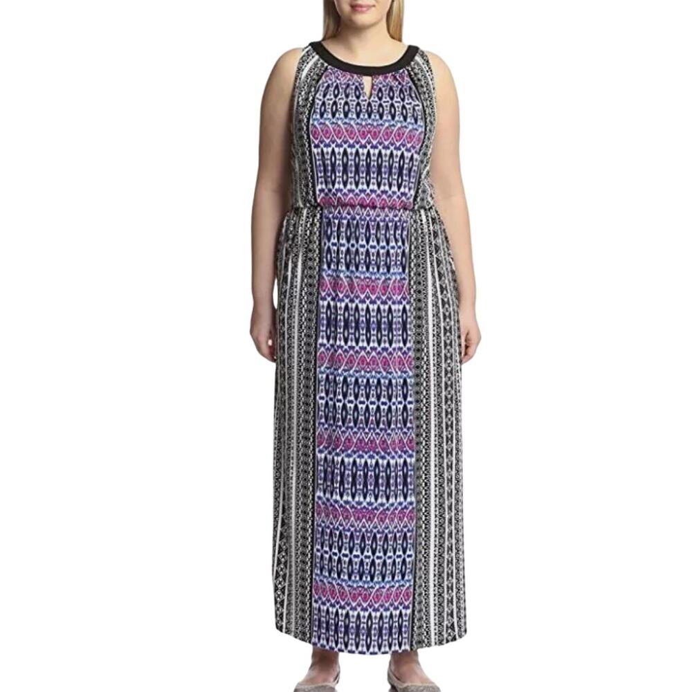 London Times Plus Black Blue Pink Abstract Jersey Stretch Maxi Dress Sz18W Artsy